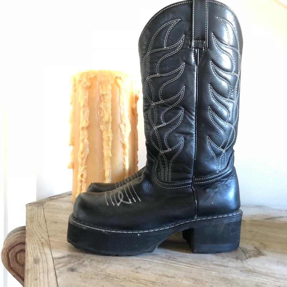 John Fluevog platform black cowboy boots